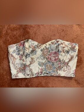 Floral Brocade Strapless Bandeau Top in Cream with Rose and Blue Accents